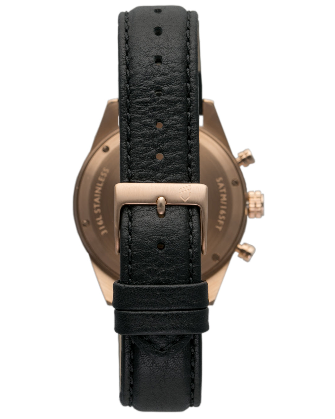 Rose gold and black chronograph watch with three hands and interchangeable leather straps
