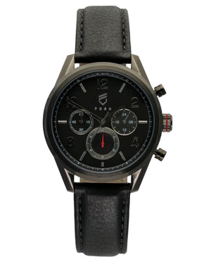 Black stainless steel chronograph watch with red second hand accents and interchangeable black leather strap 