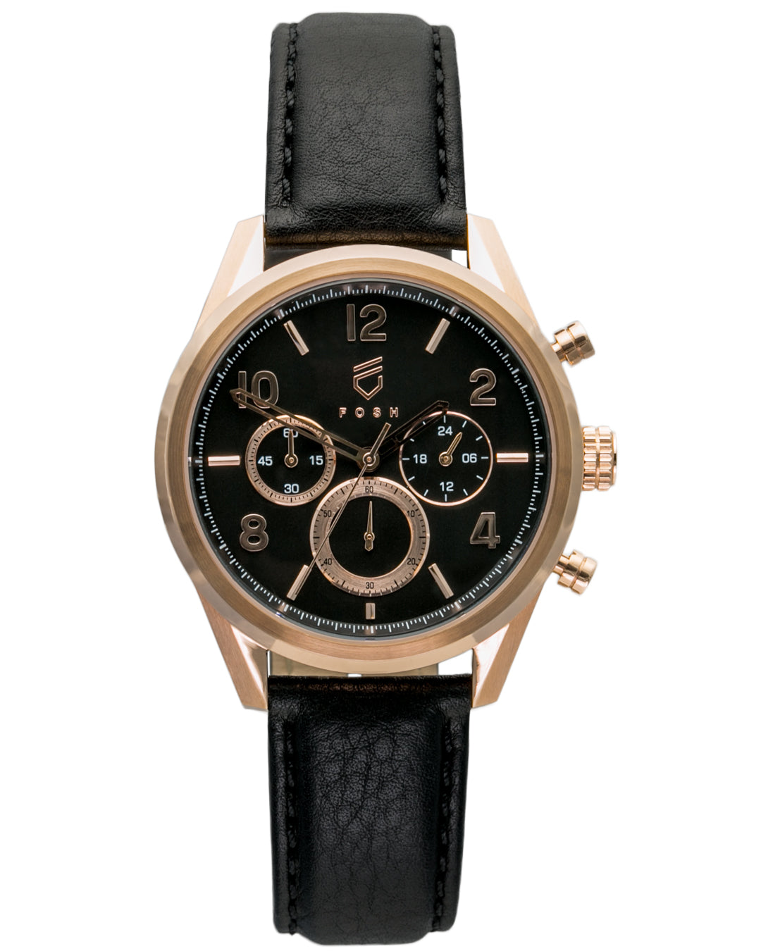 Rose gold and black chronograph watch with three hands and interchangeable leather straps